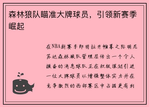 森林狼队瞄准大牌球员，引领新赛季崛起