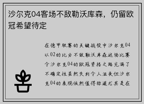 沙尔克04客场不敌勒沃库森，仍留欧冠希望待定